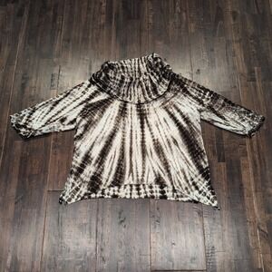 Produce Company Tie Dye Cowl Neck 3/4 Sleeve Top Womens L Brown Variegated Boho